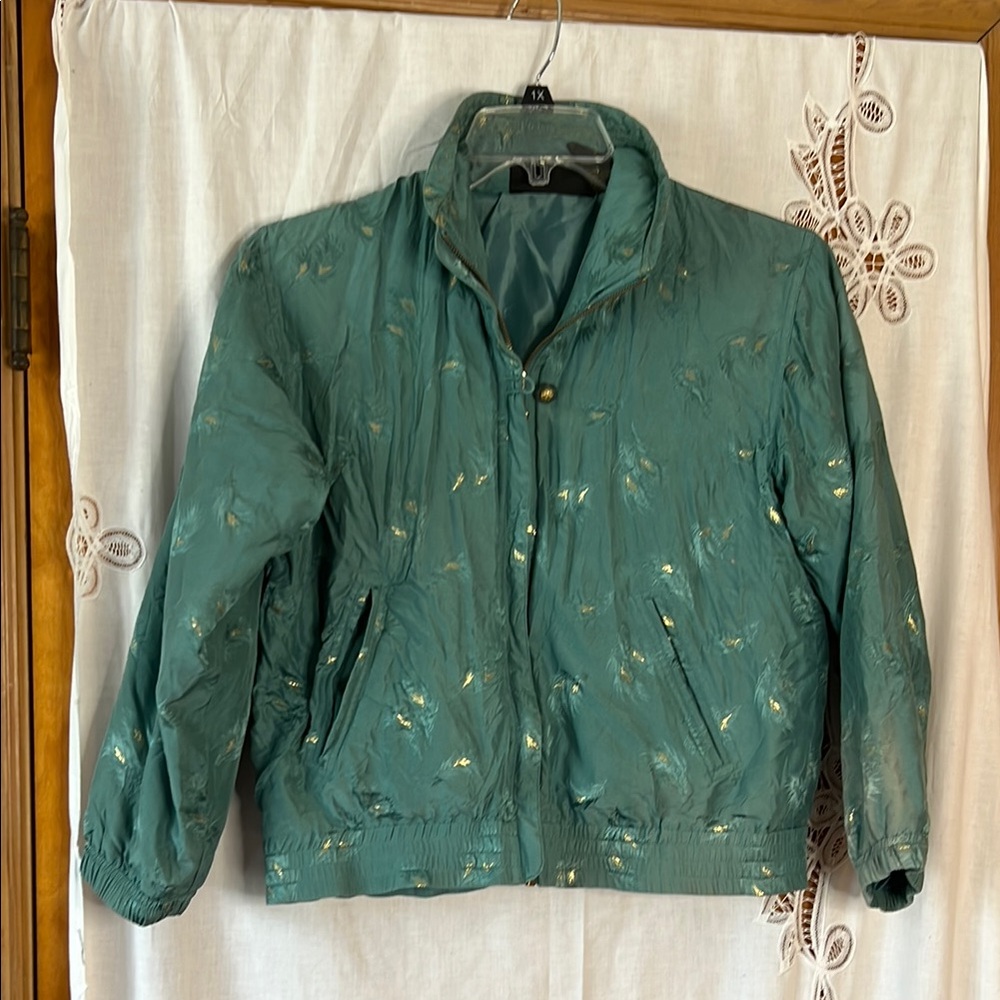 Teal Silk Bomber Jacket Gold Feather Accents Zip